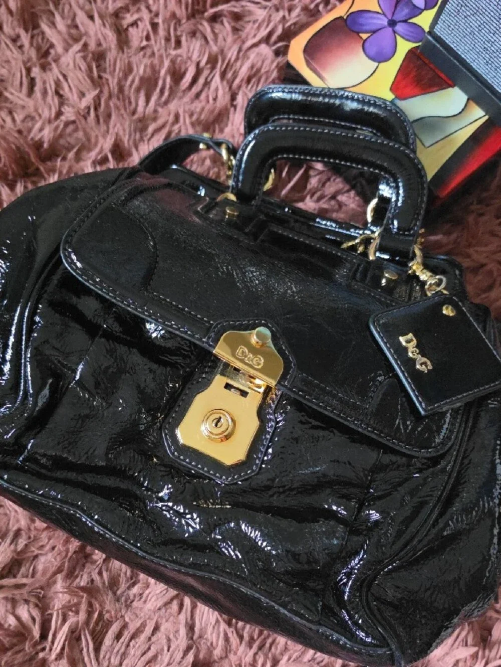D&G Black Patent Satchel with Gold Chain Accent